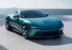 Елегантна Ferrari Amalfi 2026, вигляд спереду у три чверті на фоні середземноморського узбережжя.